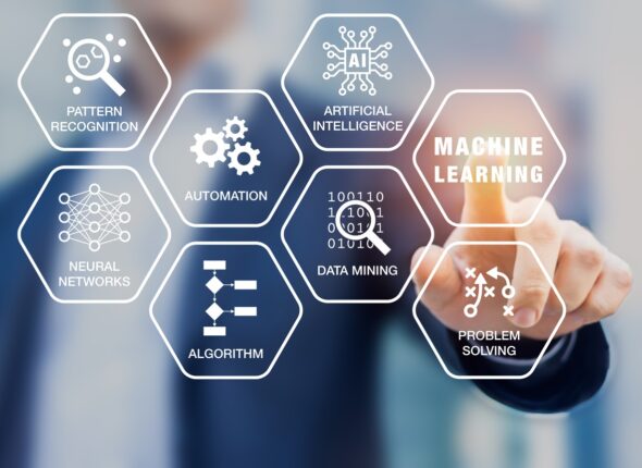 Presentation about machine learning technology, scientist touching screen, artificial intelligence